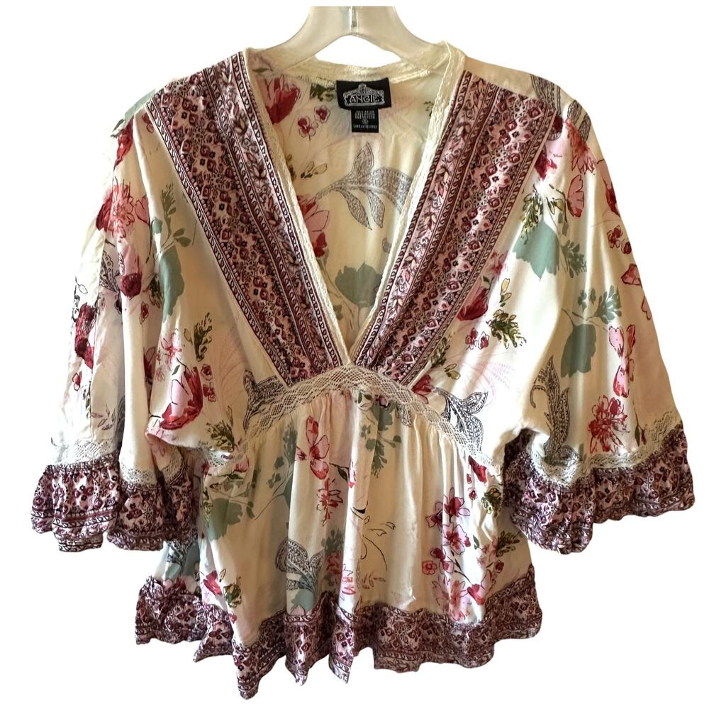 Angie Floral Babydoll Top Womens Small Ivory Pink Mixed Print Boho Cottagecore - Picture 2 of 8